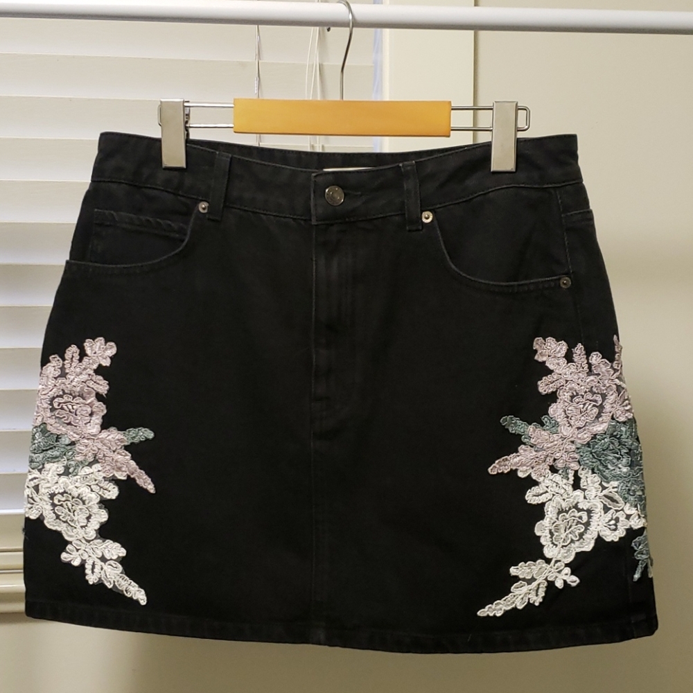 Denim Black Floral Embroidered Skirt - Topshop